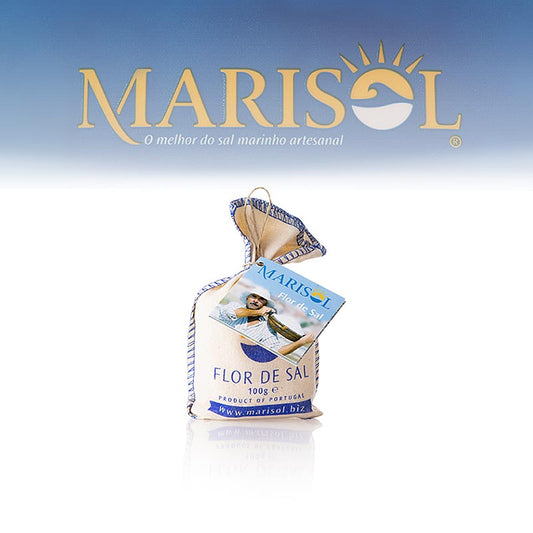 Marisol® Flor de Sal - Die Salzblume im Stoffsäckchen, CERTIPLANET, BIO, 100 g: Handgeerntetes biologisches Meersalz mit zertifizierter Qualität, knuspriger Textur und reichem Geschmack, verpackt in elegantem 100g-Stoffbeutel
