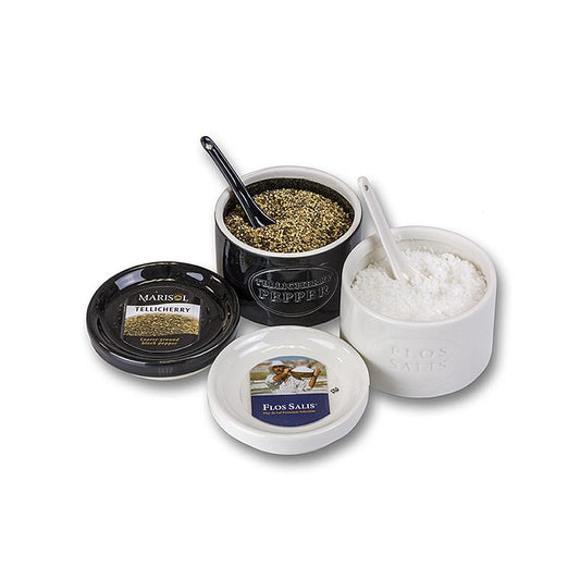 Keramikset mit Meersalz Marisol Flos Salis® und Tellicherry-Pfeffer, BIO, 170 g, 2 tlg, ideal zum Verfeinern Ihrer Gerichte und als Geschenk für kulinarische Enthusiasten