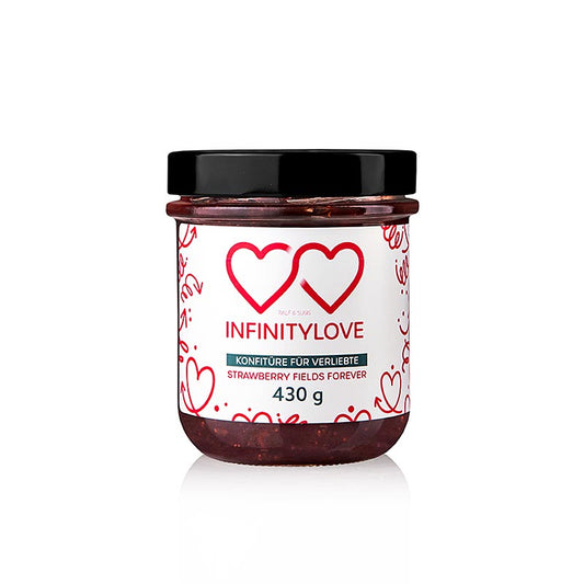 Handgemachte INFINITYLOVE Erdbeerkonfitüre Extra, reich an sonnengereiften Erdbeeren, 430 g Ideal als Brotaufstrich, Kuchentopping oder Eiscreme-Verzierung Entdecken Sie puren Genuss!
