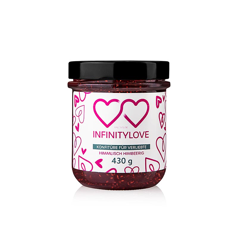Himbeer Konfitüre Extra von INFINITYLOVE, verpackt in einem luxuriösen 430-Gramm-Glas Hergestellt aus den besten Himbeeren für intensiven fruchtigen Geschmack Ideal als Brotaufstrich, für Desserts oder zur Verfeinerung eigener kulinarischer Kreationen Ein Muss für Foodies und Hobbyköche, die Qualität und Geschmack schätzen Erleben Sie den Unterschied und genießen Sie puren Genuss