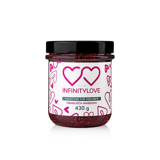 Himbeer Konfitüre Extra von INFINITYLOVE, verpackt in einem luxuriösen 430-Gramm-Glas Hergestellt aus den besten Himbeeren für intensiven fruchtigen Geschmack Ideal als Brotaufstrich, für Desserts oder zur Verfeinerung eigener kulinarischer Kreationen Ein Muss für Foodies und Hobbyköche, die Qualität und Geschmack schätzen Erleben Sie den Unterschied und genießen Sie puren Genuss