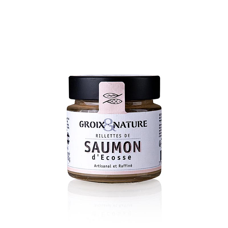 Handgemachtes Lachs-Rillettes der Firma Groix & Nature aus Frankreich, ideal als Brotaufstrich oder auf warmen Blinis, mit feiner und cremiger Struktur, hergestellt aus lokalen Rohstoffen und unterstützt kleine Fischereien und lokale Arbeitsplätze