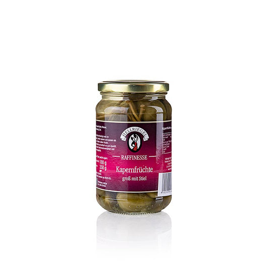 Große Kapern-Früchte mit Stiel, Raffinesse, 350 g - eine vielseitige und delikate Ergänzung für Salate, Nudelgerichte, Saucen und Pizzen
