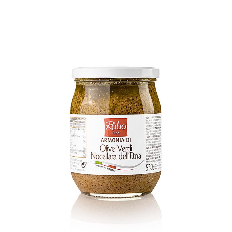 Olivenpate grün Armonia di Olive Verdi Nocellara dell´Etna, Robo, 500 g - Cremige Olivenpastete aus Nocellara-Oliven der Ätna-Region, perfekt als Brotaufstrich oder für Antipasti Luxuriöser Geschmack mit subtilen Aromen, verpackt in einem praktischen 500g-Glas Entdecken Sie die Aromen Siziliens!