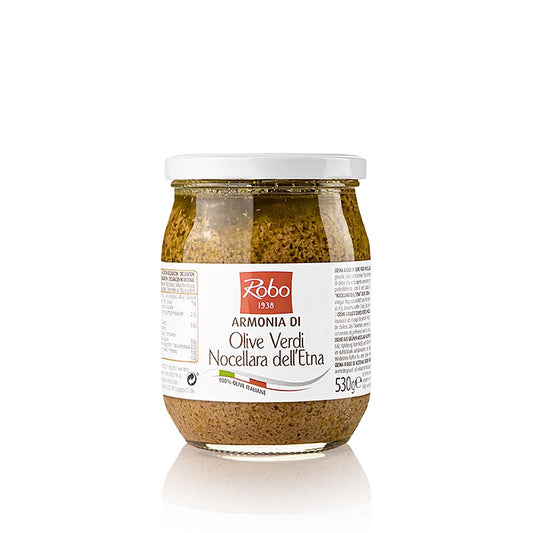 Olivenpate grün Armonia di Olive Verdi Nocellara dell´Etna, Robo, 500 g - Cremige Olivenpastete aus Nocellara-Oliven der Ätna-Region, perfekt als Brotaufstrich oder für Antipasti Luxuriöser Geschmack mit subtilen Aromen, verpackt in einem praktischen 500g-Glas Entdecken Sie die Aromen Siziliens!