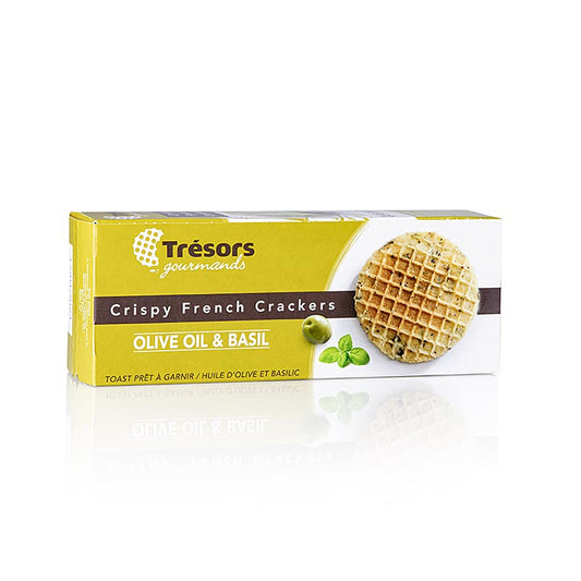 Knusprige französische Mini-Waffel-Cracker mit Olivenöl und Basilikum, 95 g-Packung, ideal als Appetitanreger, Getränke oder Snacks Entdecken Sie den authentischen Geschmack von Frankreich mit Barsnack Tresors