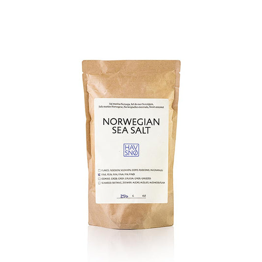 Feines Meersalz HAVSNØ aus Norwegen (ehemals Krakebolle) in einer 250-Gramm-Packung, gewonnen aus dem kristallklaren Wasser der norwegischen Fjorde, ideal zum Würzen von Alltagskost und kulinarischen Kreationen