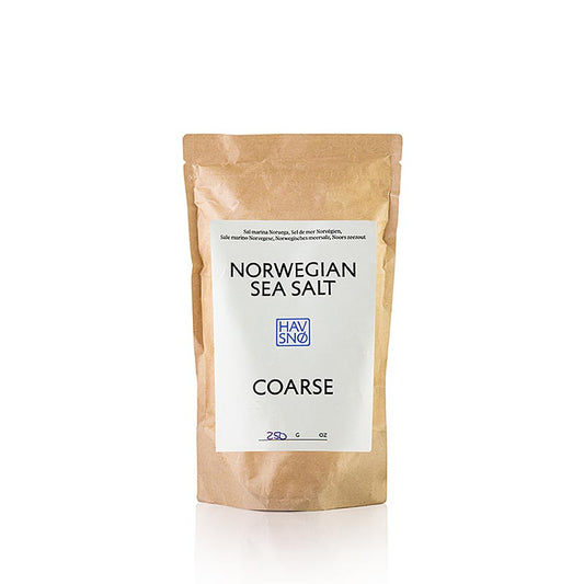 HAVSNØ grobes Meersalz, Norwegen (Ehem Sjostein), 250 g - Unraffiniertes, von Hand gewonnenes Meersalz aus den norwegischen Fjorden, reich an natürlichen Mineralien und Spurenelementen, perfekt zum Verfeinern von Gerichten, Salzen von Fleisch und Fisch