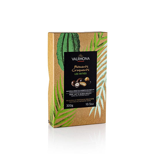 Valrhona Equinoxe, Mandeln & Haselnuss in Bitter, Milch, Dulcey, 33898, 300 g - Luxuriöse Auswahl an umhüllten Mandeln und Haselnüssen in verschiedenen Schokoladensorten, perfekte Balance zwischen Bitter-, Milch- und Zartbitterschokolade, ideal als Geschenk oder Genuss für Schokoladenliebhaber