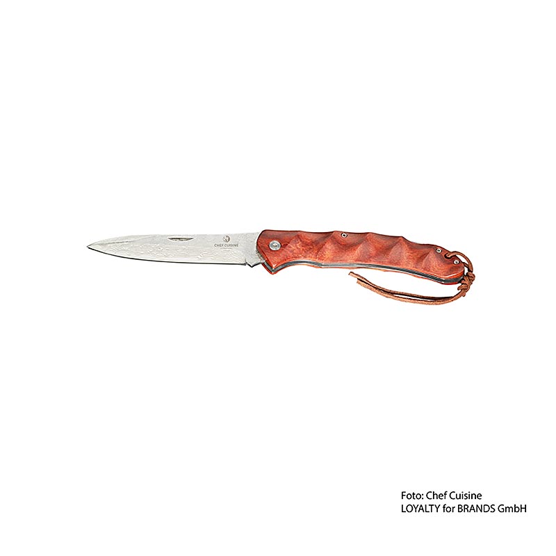 Damaszener Taschenmesser mit 20 cm langer Klinge aus japanischem Damaszenerstahl und ergonomischem Griff aus Desert Ironwood, in eleganter Holzschatulle - ideales handgefertigtes Messer für anspruchsvolle Hobbyköche