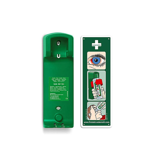 Wandhalterung für 500 ml Cederroth-Augenspülungen zur sicheren Platzierung und leichten Montage in Laboratorien, Werkstätten oder Großküchen, passend für Artikelnummer 7200