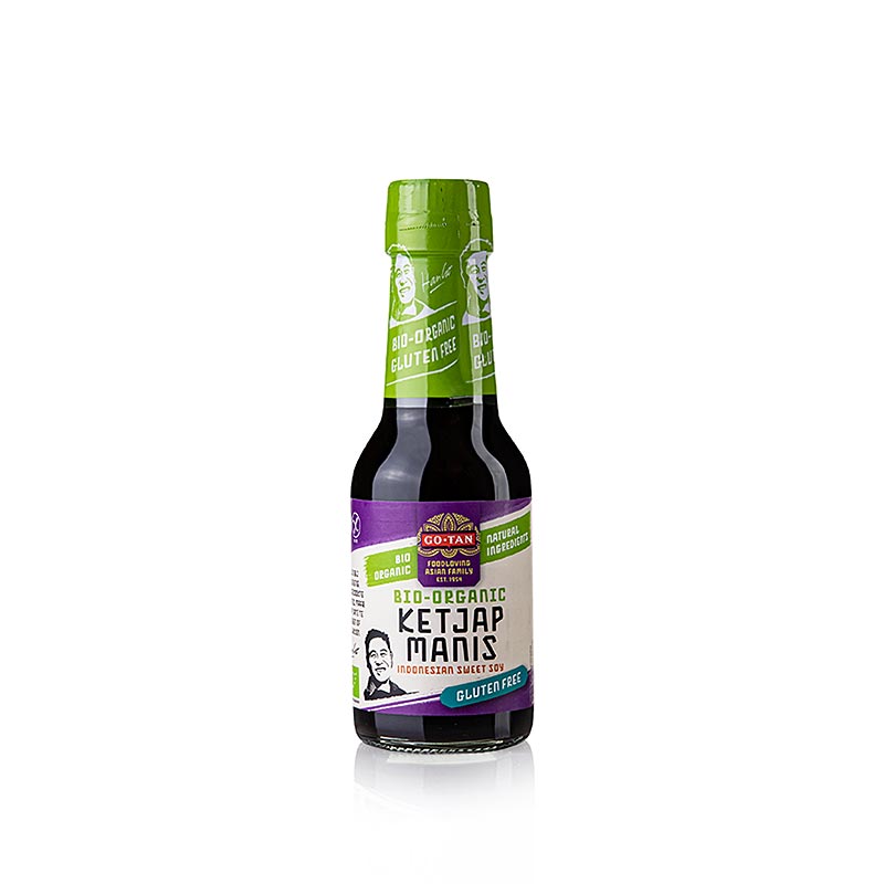 Rote Flasche mit 145 g Go-Tan BIO Ketjap Manis Sojasauce, süß und glutenfrei, perfekt für die Zubereitung asiatischer Gerichte und Verleihung von Tiefe und Komplexität