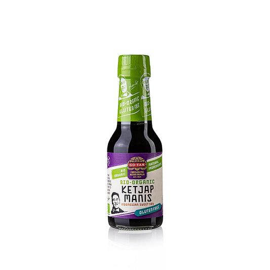 Rote Flasche mit 145 g Go-Tan BIO Ketjap Manis Sojasauce, süß und glutenfrei, perfekt für die Zubereitung asiatischer Gerichte und Verleihung von Tiefe und Komplexität