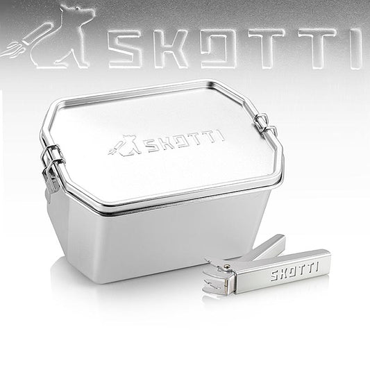 Edelstahlbox SKOTTI Boks 2,5L mit Aluminiumzange, perfekt zur Aufbewahrung von Zutaten und Delikatessen, hygienische Entnahme, hochwertige Qualität und zeitloses Design, Hingucker in jeder Küche