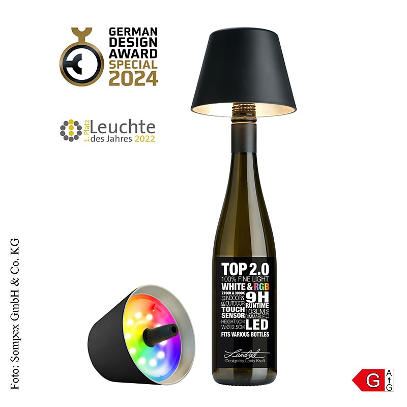 Lampe de table "TOP 2.0", pour bouteilles, avec batterie, 11x12,5cm, plastique, noir (72520), 1 pc