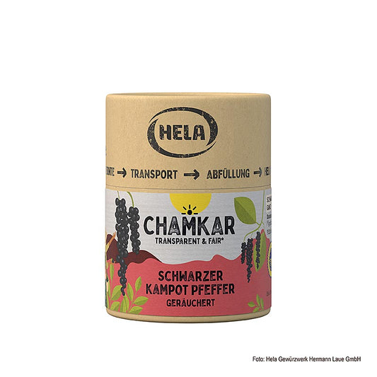 Geräucherte schwarze Kampot-Pfefferkörner von HELA Chamkar aus Kambodscha, ggA, 100 g-Packung