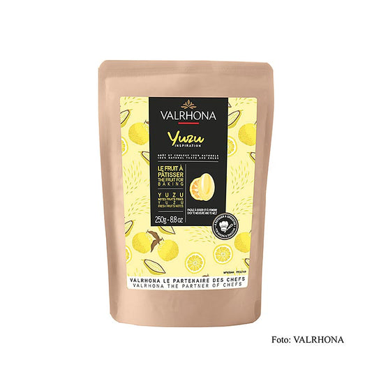 Valrhona Inspiration Yuzu, Yuzuspezialität mit Kakaobutter (32749), 250 g - Produktverpackung mit frischer Zitrusnote von Yuzu und cremiger Textur von Kakaobutter, perfekt für die Zubereitung von Desserts, Pralinen und Backwaren Unverzichtbar für Hobbyköche und Profiköche