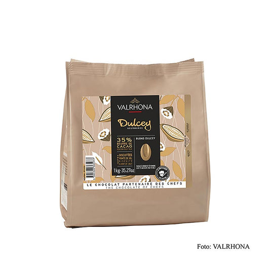 Valrhona Dulcey, Blonde Schokolade 35%, Callets (31834), 1 kg - Schokoladenbeutel mit 35% Kakaoanteil, ideal für Desserts und Patisserie, süßer, cremiger Geschmack mit Noten von karamellisierter Milch und Biskuit, leicht abzumessen und gleichmäßig schmelzend, perfekt für Mousse, Ganache und Überzüge, 1 kg-Beutel für sofortige Verwendung in der Küche, unübertroffene Qualität von Valrhona