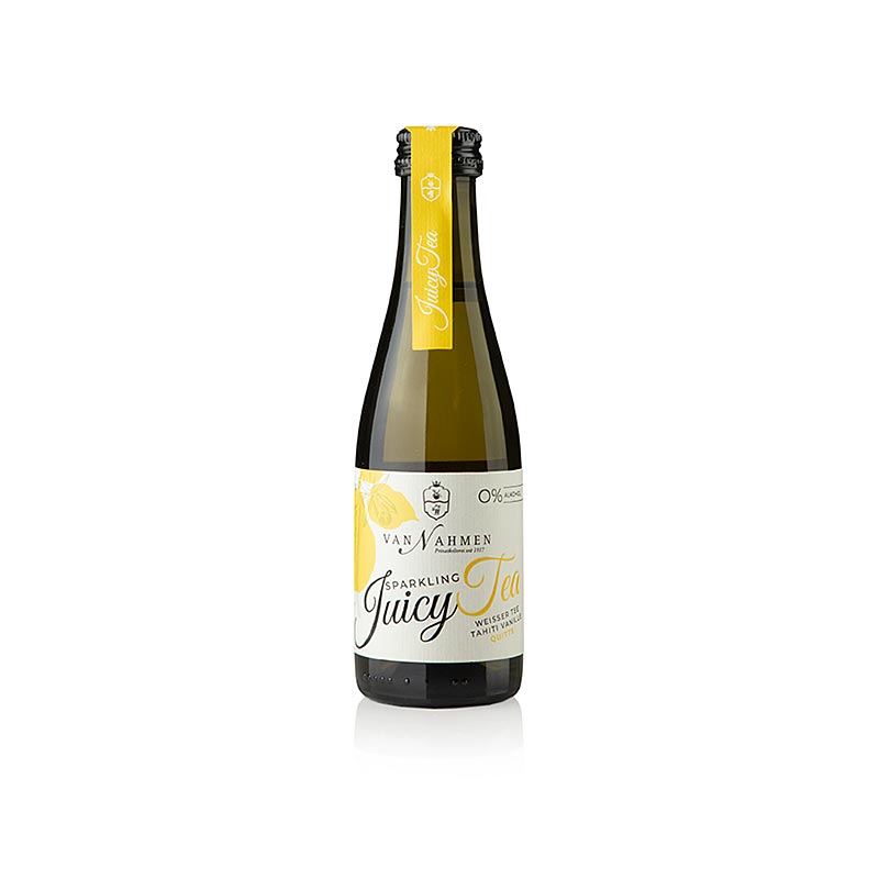 Sparkling Juicy Tea weißer Tee - Tahiti Vanille- Quitte, van Nahmen, BIO, 200 ml - ein alkoholfreies Getränk aus sortenreinen van Nahmen Säften und erlesenem Weißen Tee, veredelt mit Tahiti Vanille, für ein harmonisches Genusserlebnis, ideal als Apéritif zu Fisch, Fleisch und Salaten, gut gekühlt genießen, erhältlich in 0,75l Flasche - Artikel 61262