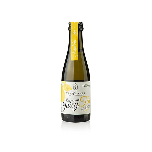 Sparkling Juicy Tea weißer Tee - Tahiti Vanille- Quitte, van Nahmen, BIO, 200 ml - ein alkoholfreies Getränk aus sortenreinen van Nahmen Säften und erlesenem Weißen Tee, veredelt mit Tahiti Vanille, für ein harmonisches Genusserlebnis, ideal als Apéritif zu Fisch, Fleisch und Salaten, gut gekühlt genießen, erhältlich in 0,75l Flasche - Artikel 61262