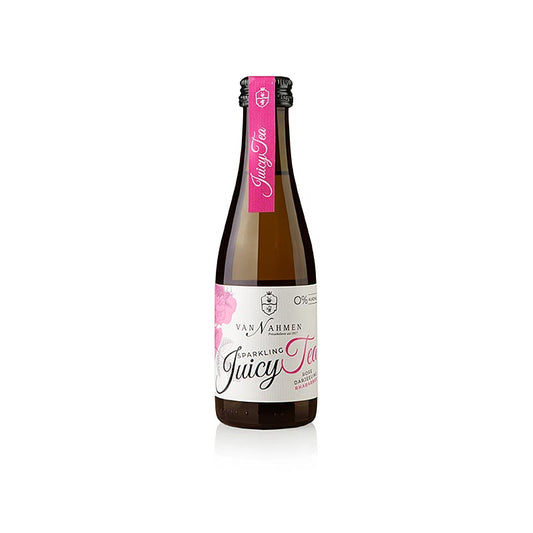 Hochwertiger Sparkling Juicy Tea mit sortenreinen Säften und aufwändigem Cold Brew-Verfahren, 8°C Trinktemperatur, mild-blumiges Darjeeling-Aroma
