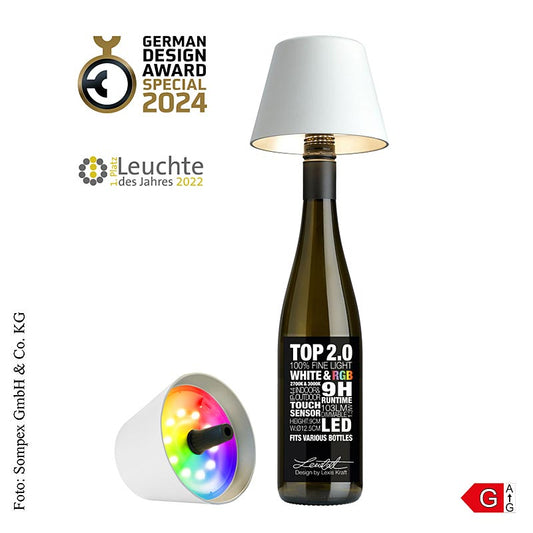 Tischlampe TOP 20 aus strapazierfähigem weißem Kunststoff, kabellos mit wiederaufladbarem Akku, 11x12,5 cm groß, ideal für romantische Abendessen und Partys