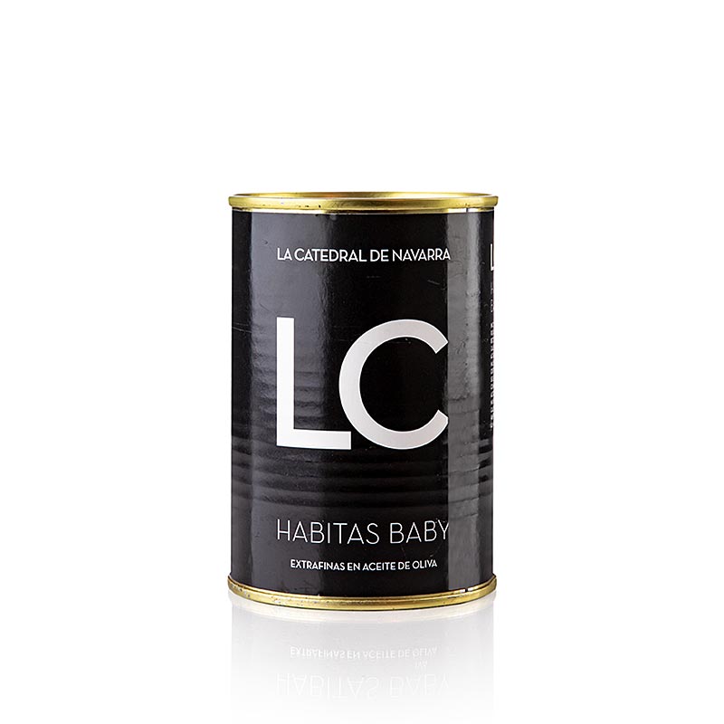 Delikate Habitas extrafinas - Baby Bohnen in Olivenöl, LC, 390 g, perfekt für Tapas, Salate oder als Beilage, mit weicher Textur und reichem Geschmack dank hochwertigem Olivenöl, verpackt in luxuriösem 390-Gramm-Glasgefäß, authentischer spanischer Genuss