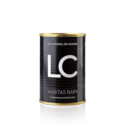 Delikate Habitas extrafinas - Baby Bohnen in Olivenöl, LC, 390 g, perfekt für Tapas, Salate oder als Beilage, mit weicher Textur und reichem Geschmack dank hochwertigem Olivenöl, verpackt in luxuriösem 390-Gramm-Glasgefäß, authentischer spanischer Genuss