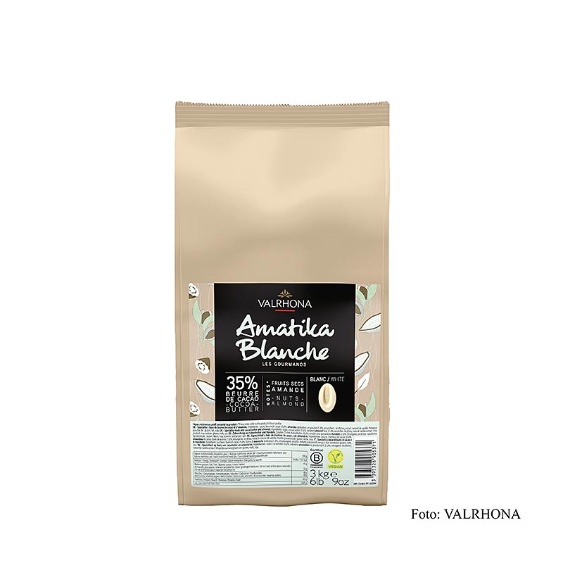 Vegane weiße Couverture mit 35% Kakaoanteil, ideal für Desserts und Schokoladenkreationen Geeignet für Veganer und Menschen mit Laktoseintoleranz Cremige Textur und feines Aroma in einem praktischen 3kg-Beutel