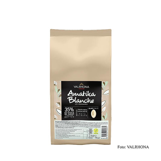 Vegane weiße Couverture mit 35% Kakaoanteil, ideal für Desserts und Schokoladenkreationen Geeignet für Veganer und Menschen mit Laktoseintoleranz Cremige Textur und feines Aroma in einem praktischen 3kg-Beutel