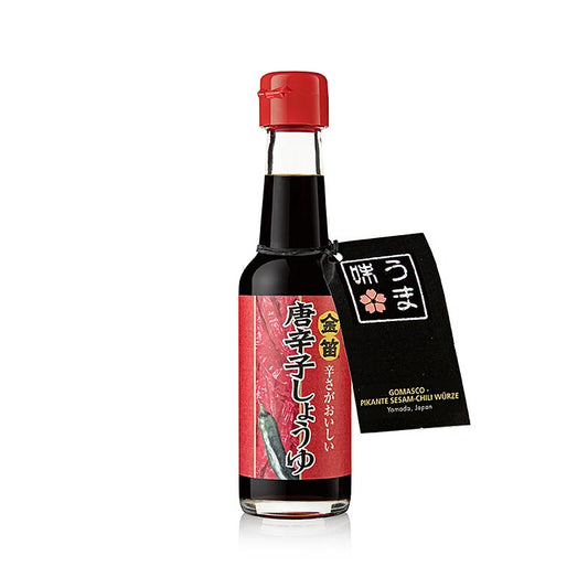 Soja-Sauce - Kinbue Tougarashi Shoyu - mit Chili, scharf, Fueki, Japan, 150 ml: Eine handliche 150-ml-Flasche mit scharfer Sojasauce, angereichert mit würzigem Chili, für zusätzlichen Kick und authentischen Geschmack der japanischen Küche