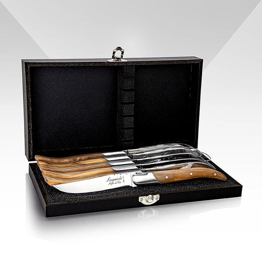 Montargo - Set di 6 coltelli da bistecca, manico in legno d'ulivo, argento, scatola in legno, Laguiole, 6 pezzi