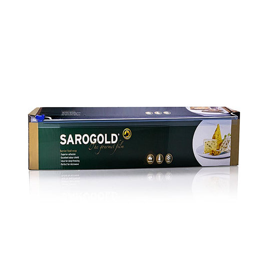 Hochwertige SAROGOLD Gourmet-Folie in einer 30 cm breiten Faltschachtel, ideal zum Aufbewahren und Einwickeln von Lebensmitteln in der Küche