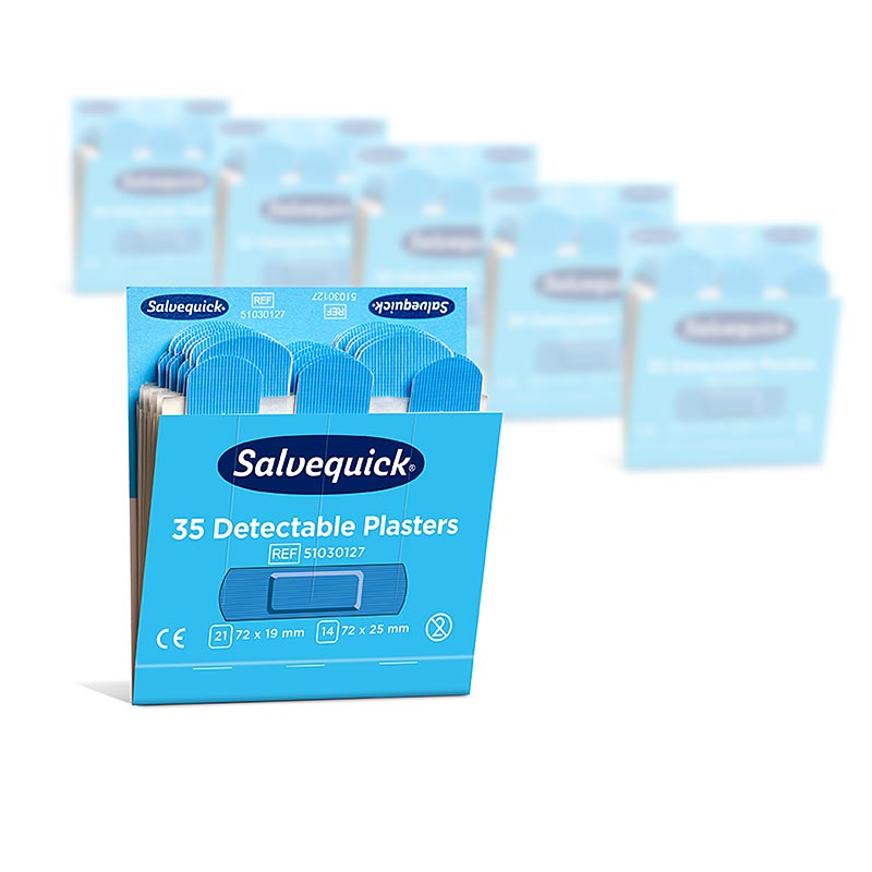 Nachfüllpackung mit 6 Packungen zu je 35 blauen entdeckbaren Pflastern (Artikelnummer 51030127) von Cederroth, ideal für die Erste-Hilfe-Ausrüstung in gewerblichen Küchen und Lebensmittelverarbeitungsbetrieben