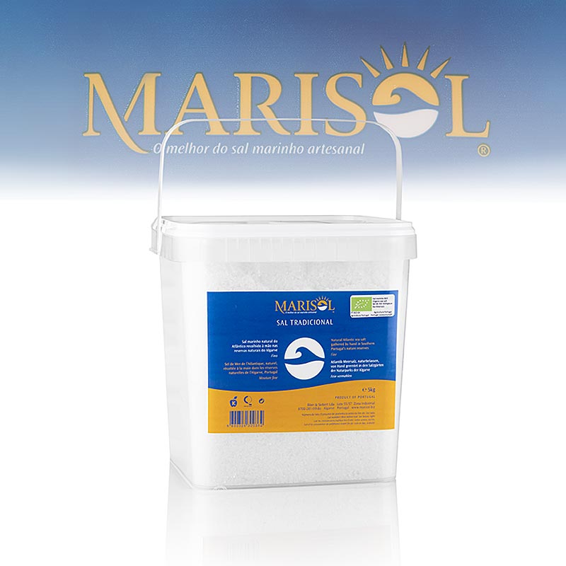 Bio-Meersalz Marisol® Sal Tradicional, mittelkörnig, weiß, feucht, CERTIPLANET-zertifiziert, ideal für Hobby- und Profiköche, 5 kg-Packung