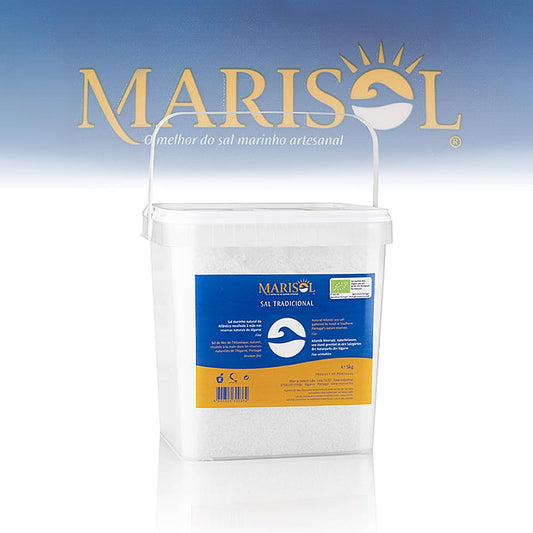Bio-Meersalz Marisol® Sal Tradicional, mittelkörnig, weiß, feucht, CERTIPLANET-zertifiziert, ideal für Hobby- und Profiköche, 5 kg-Packung