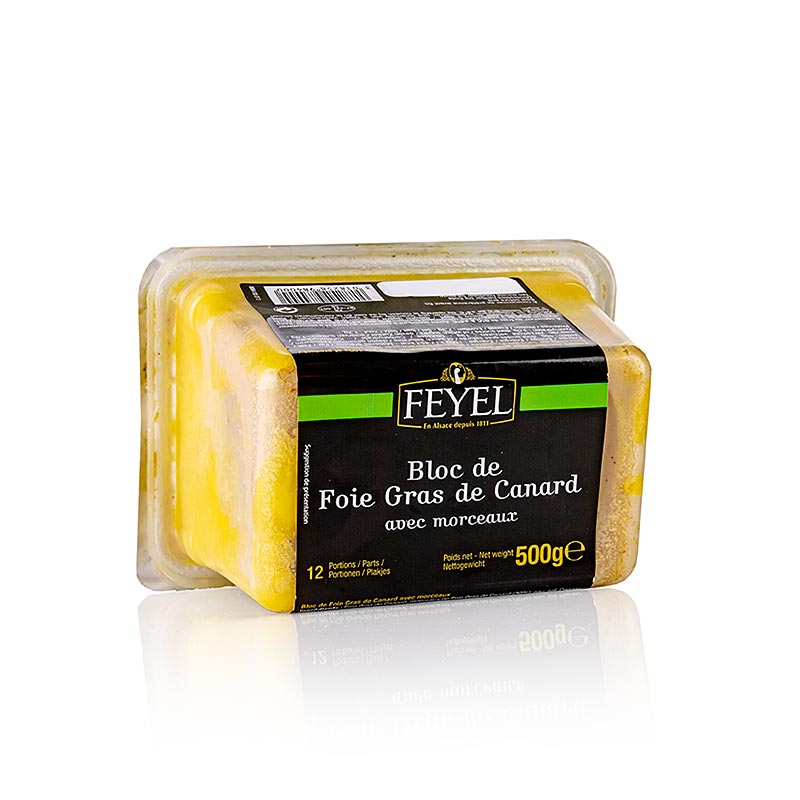 Entenstopfleberblock, Foie Gras, mit Stücken, Feyel, 500 g - Delikatesse mit reichem Geschmack und cremiger Textur, perfekt als Vorspeise oder Zutat in kulinarischen Kreationen, von Feyel, einem bekannten Hersteller hochwertiger Gänsestopfleber