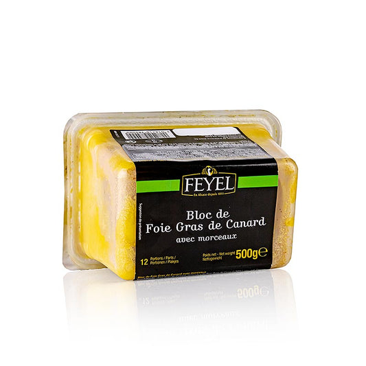 Entenstopfleberblock, Foie Gras, mit Stücken, Feyel, 500 g - Delikatesse mit reichem Geschmack und cremiger Textur, perfekt als Vorspeise oder Zutat in kulinarischen Kreationen, von Feyel, einem bekannten Hersteller hochwertiger Gänsestopfleber