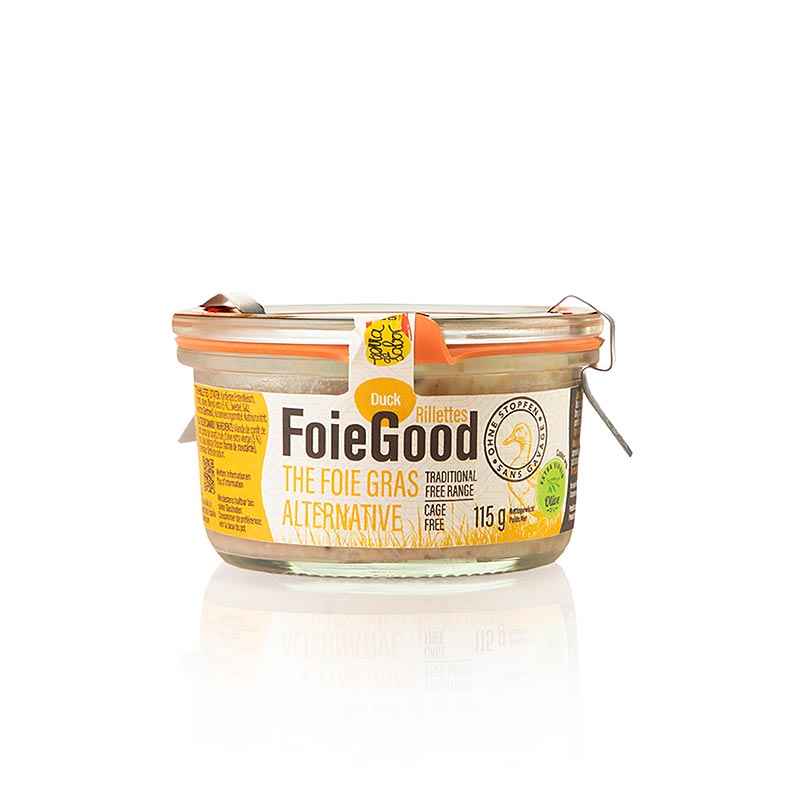 Enten Rillette ohne Leber, FoieGood, 115 g - Handwerklich hergestelltes Rillette aus feinster Entenleber, verfeinert mit einem Hauch von Armagnac, perfekt als Vorspeise oder auf Toast, ein kulinarisches Highlight für besondere Anlässe oder als Geschenk für einen echten Feinschmecker, Inhalt: 115 Gramm
