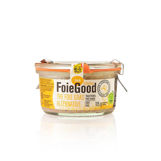 Enten Rillette ohne Leber, FoieGood, 115 g - Handwerklich hergestelltes Rillette aus feinster Entenleber, verfeinert mit einem Hauch von Armagnac, perfekt als Vorspeise oder auf Toast, ein kulinarisches Highlight für besondere Anlässe oder als Geschenk für einen echten Feinschmecker, Inhalt: 115 Gramm