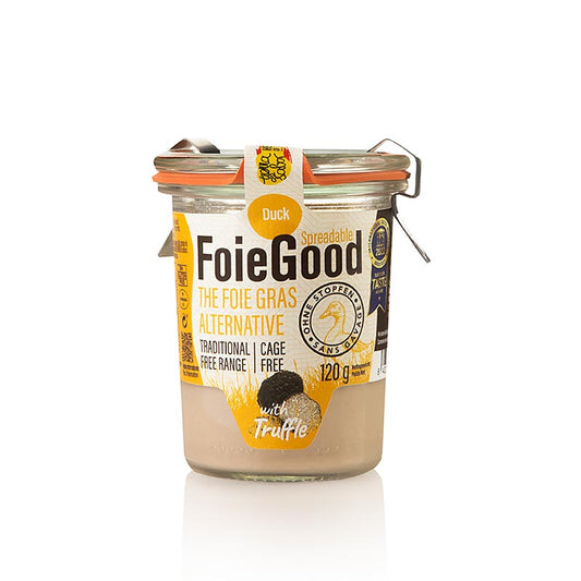 Delikater Entenleber-Aufstrich mit Trüffel von FoieGood, verpackt in eleganten 120g-Packung