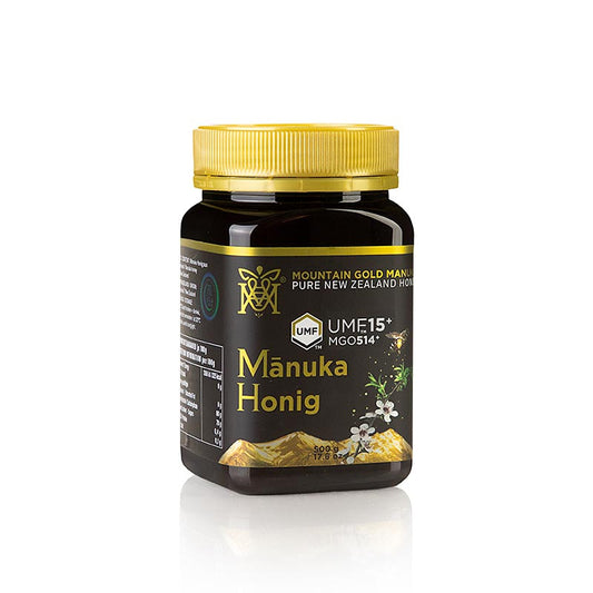 Manukahonig UMF 15+ zertifiziert mit garantiertem Methylglyoxal-Gehalt von 514 mg/kg, reich an Antioxidantien und Enzymen, vielseitig einsetzbar, in luftdicht verschlossenem 500-Gramm-Behälter aus Neuseeland