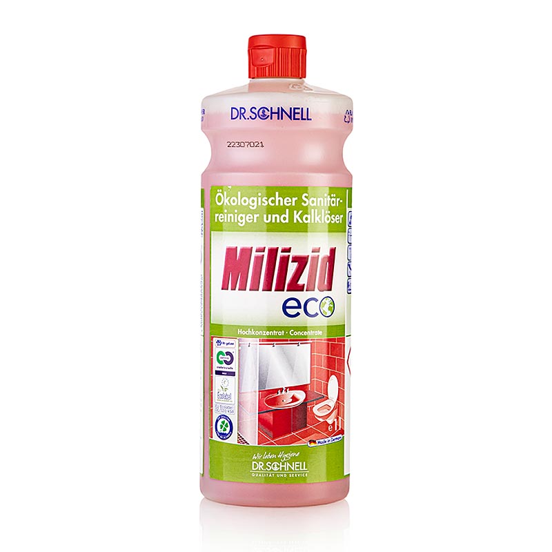 Bio-Sanitärreiniger und Kalkentferner Milizid Eco von Dr Schnell, umweltfreundlich und effektiv Entfernt Kalk, Schmutz und Flecken im Waschraum Geeignet für professionelle und Heimanwender 1 Liter Konzentrat