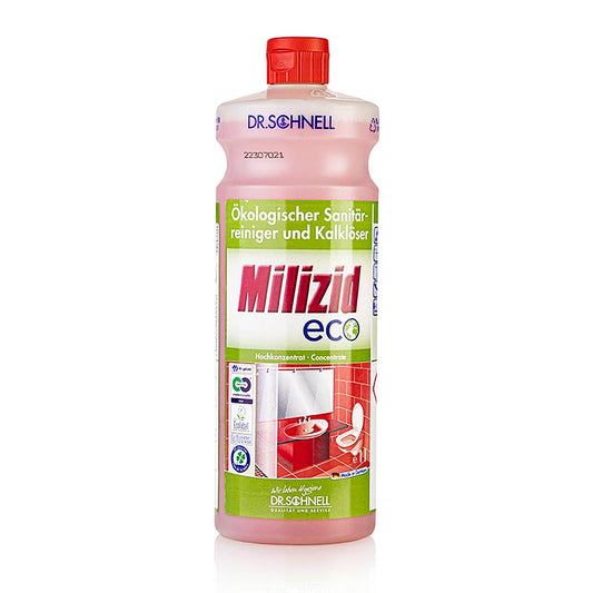 Bio-Sanitärreiniger und Kalkentferner Milizid Eco von Dr Schnell, umweltfreundlich und effektiv Entfernt Kalk, Schmutz und Flecken im Waschraum Geeignet für professionelle und Heimanwender 1 Liter Konzentrat