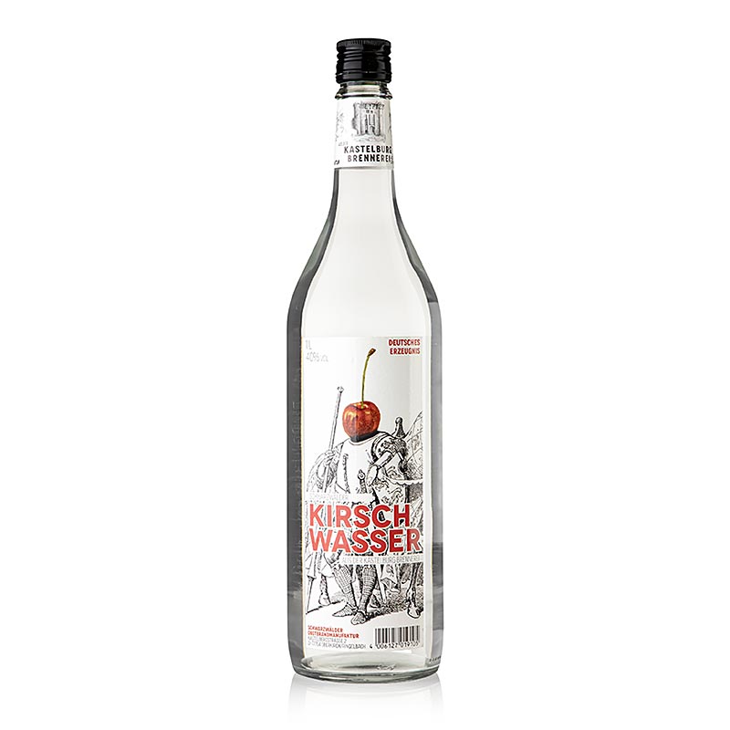 Flasche Fies Original Schwarzwälder Kirschwasser (Marke) mit 40% vol Alkoholgehalt und einem Inhalt von 1 Liter, präsentiert auf einem Holztisch