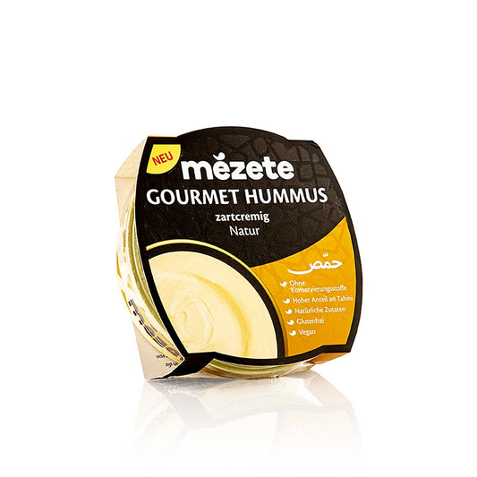 Gourmet Hummus Natur, Kichererbsenpüree mit Sesampaste, Mézete, 215 g - köstliches und cremiges Kichererbsenpüree, perfekt als Dip oder Aufstrich, hergestellt aus sorgfältig ausgewählten Zutaten, reicher traditioneller Geschmack des Nahen Ostens in praktischer 215-g-Packung