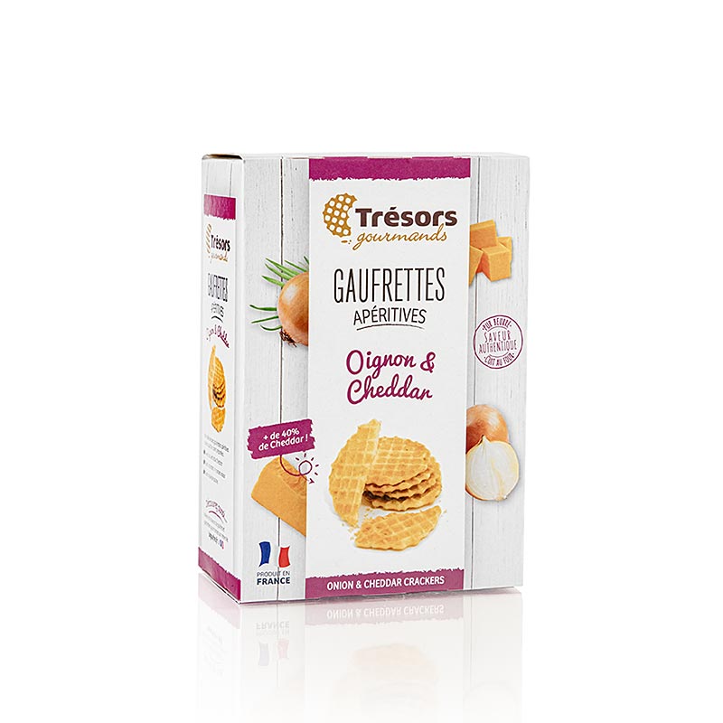 Barsnack Trésors- franz Mini-Waffeln mit Zwiebel und Cheddar Käse, 60 g - köstliche französische Mini-Waffeln mit einer delikaten Geschmackskombination aus Zwiebel und Cheddar-Käse, ideal als leckerer Snack, Vorspeise oder zum Teilen, knusprige Textur und intensiver Geschmack, ein Genuss für Feinschmecker und Liebhaber von besonderen Geschmacksrichtungen, ein Hauch von Frankreich in jedem Bissen