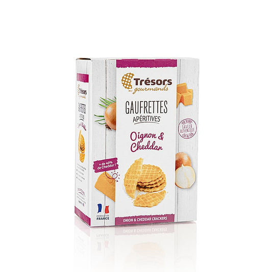 Barsnack Trésors- franz Mini-Waffeln mit Zwiebel und Cheddar Käse, 60 g - köstliche französische Mini-Waffeln mit einer delikaten Geschmackskombination aus Zwiebel und Cheddar-Käse, ideal als leckerer Snack, Vorspeise oder zum Teilen, knusprige Textur und intensiver Geschmack, ein Genuss für Feinschmecker und Liebhaber von besonderen Geschmacksrichtungen, ein Hauch von Frankreich in jedem Bissen