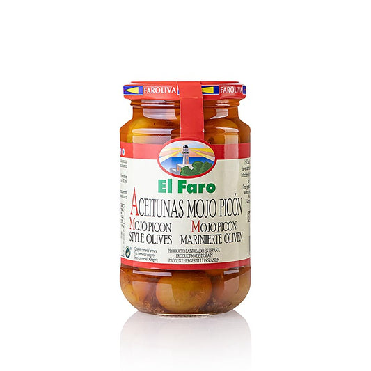 Grüne Oliven Mojo Picon von El Faro, 350 g - Premium-Qualität und frischer authentischer Geschmack der Kanarischen Inseln, perfekt für Tapas und Lieblingsgerichte, mit würziger Mojo Picon-Sauce für ein einzigartiges und unwiderstehliches Aroma