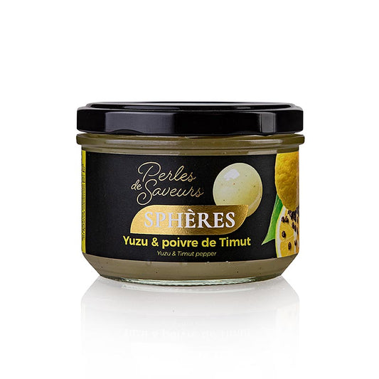Früchtekaviar Sphären Yuzu & Timut Pfe, 20mm Spherical, Perles de Saveurs, 220 g, ca30 St - Glasverpackung mit 30 Kugeln, die frische Zitrusnoten von Yuzu und den würzigen Kick von Timut-Pfeffer kombinieren Geeignet als Beilage zu Fisch- und Fleischgerichten, in Cocktails oder in Desserts